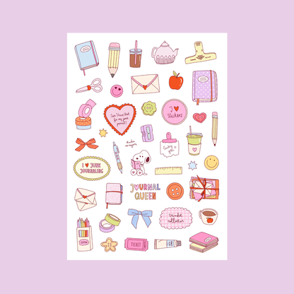 Pastel journal-themed sticker sheet with books, hearts, pencils, cups, bows, envelopes