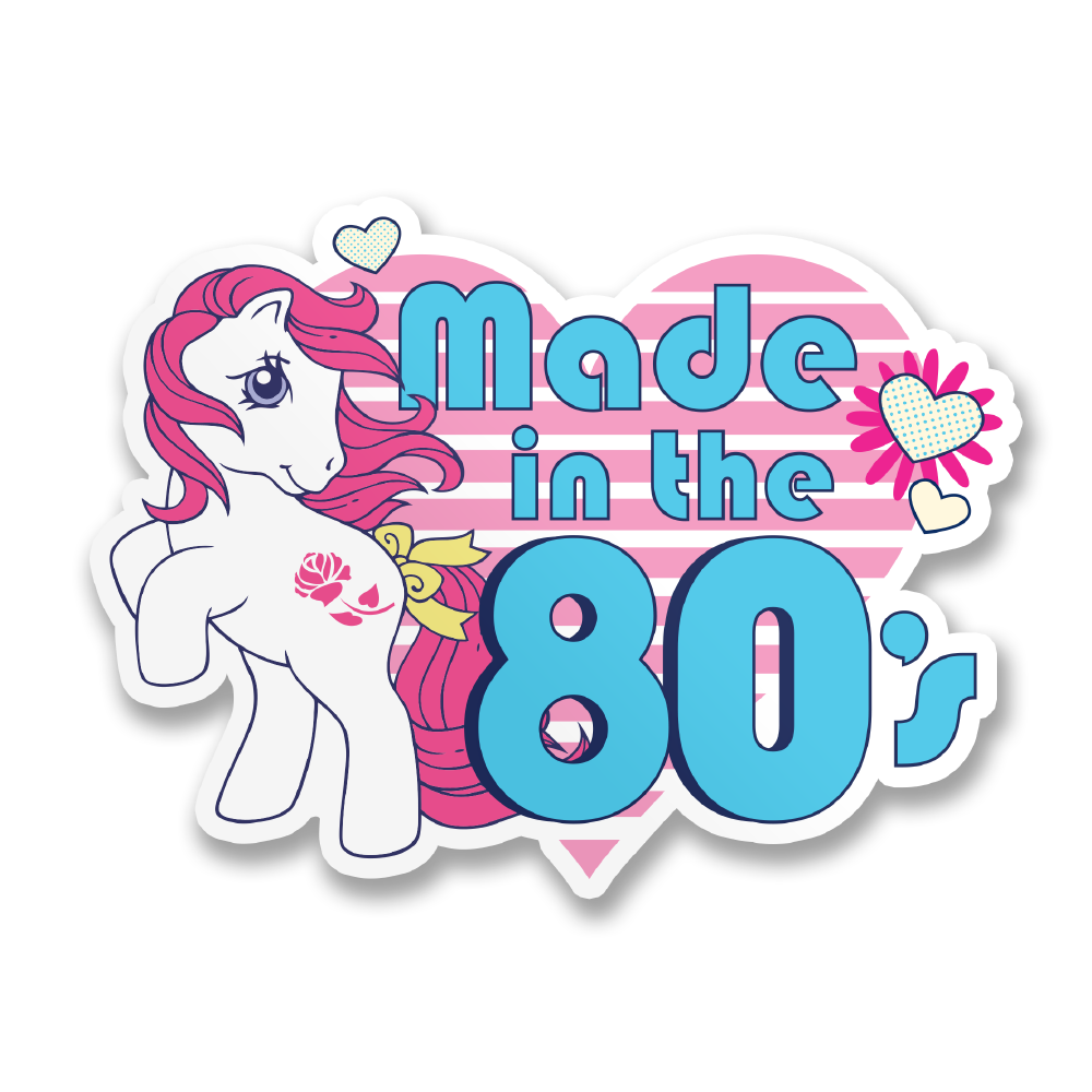 Vinyl sticker with unicorn-and-foal scene, 'Made in the 80's' in pink and blue