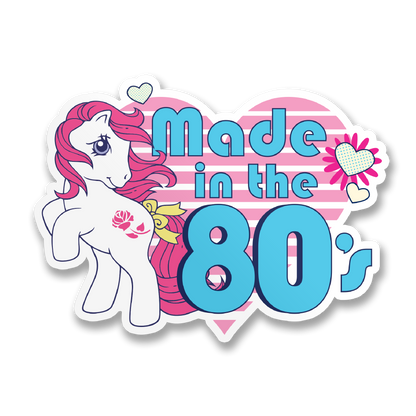 Vinyl sticker with unicorn-and-foal scene, 'Made in the 80's' in pink and blue