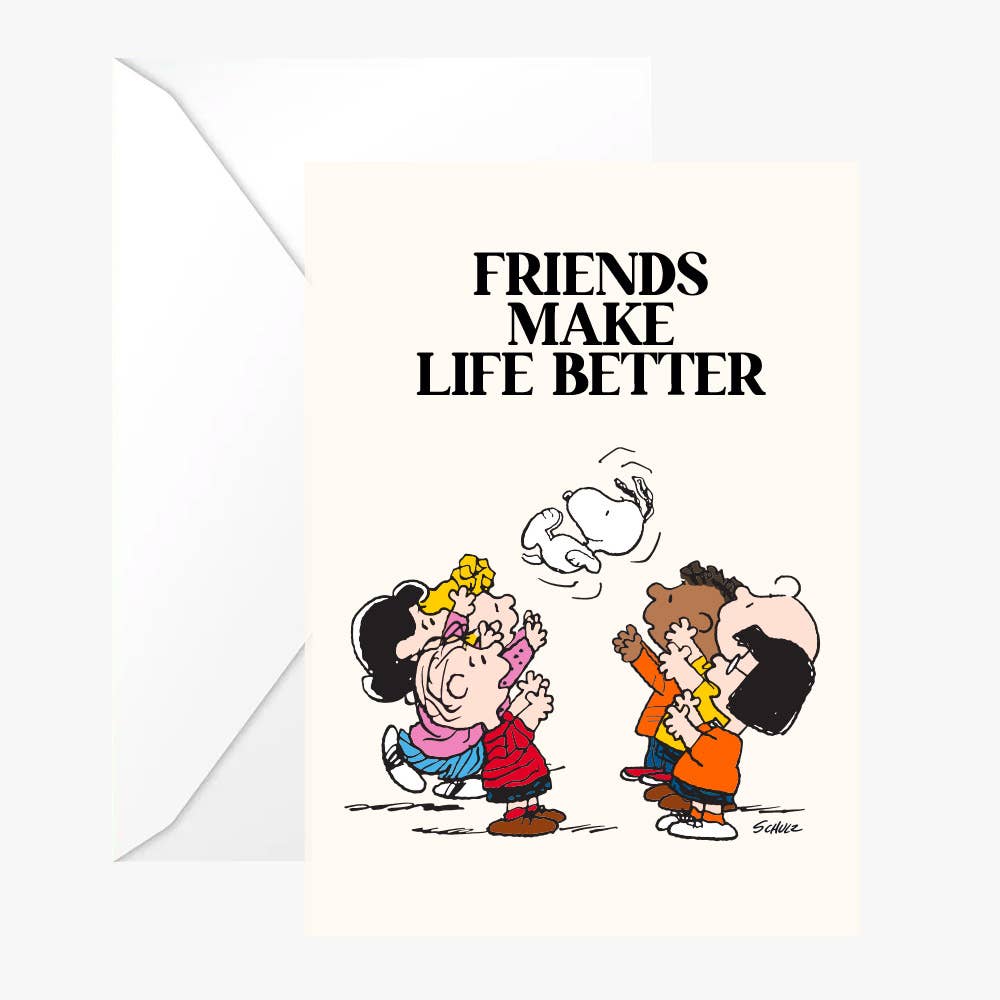 Folded greeting card with cartoon friends, FRIENDS MAKE LIFE BETTER text, and white envelope
