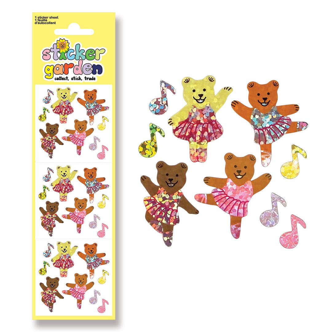 Ballerina bear mini sticker sheet with sparkly collectible faces, on card backing
