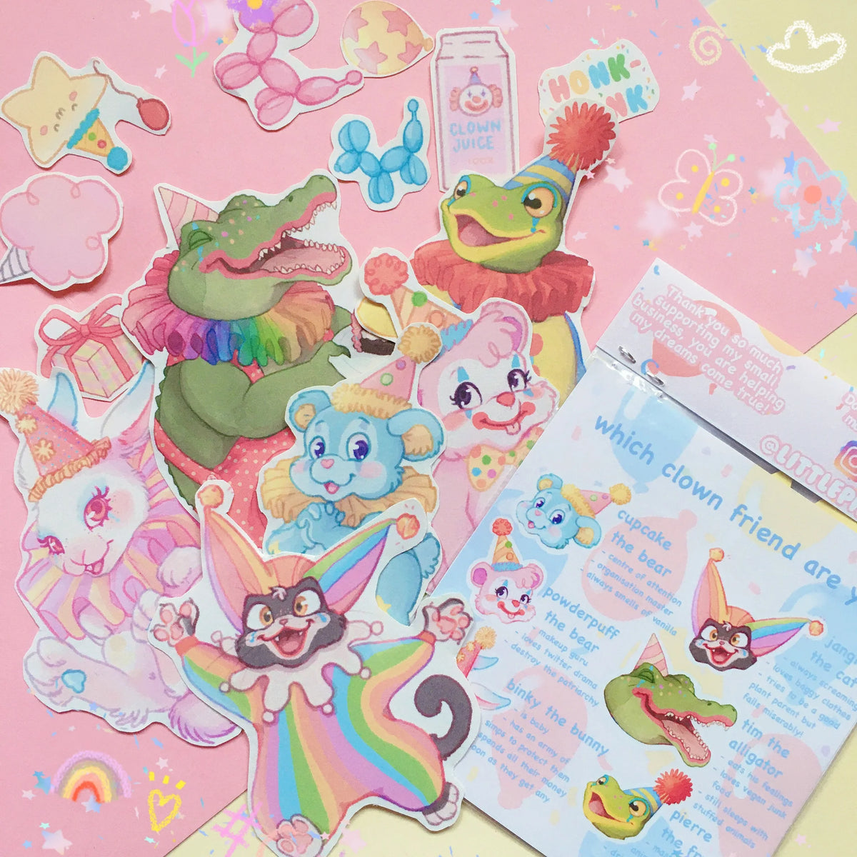 Large vinyl stickers featuring clown animals; set includes 14 pieces