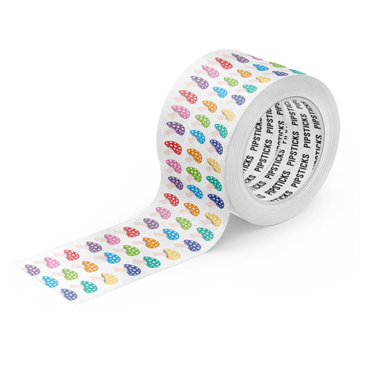 Mushroom-pattern sticker roll with colorful dots on white backing