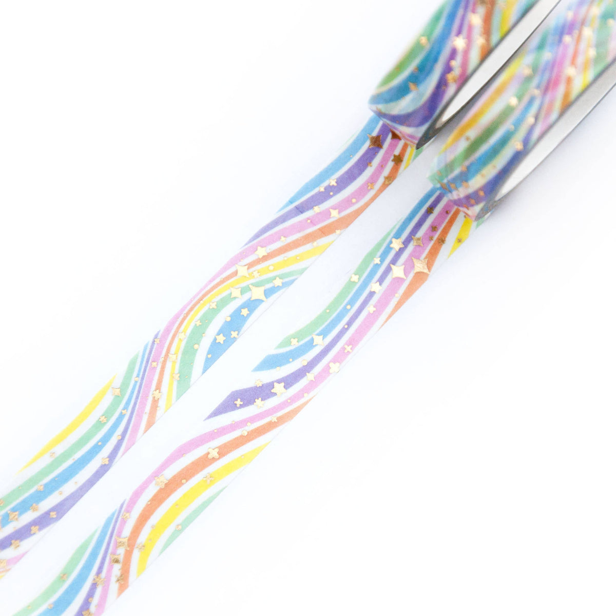Washi tape strip with pastel rainbow stripes and star confetti, single roll end
