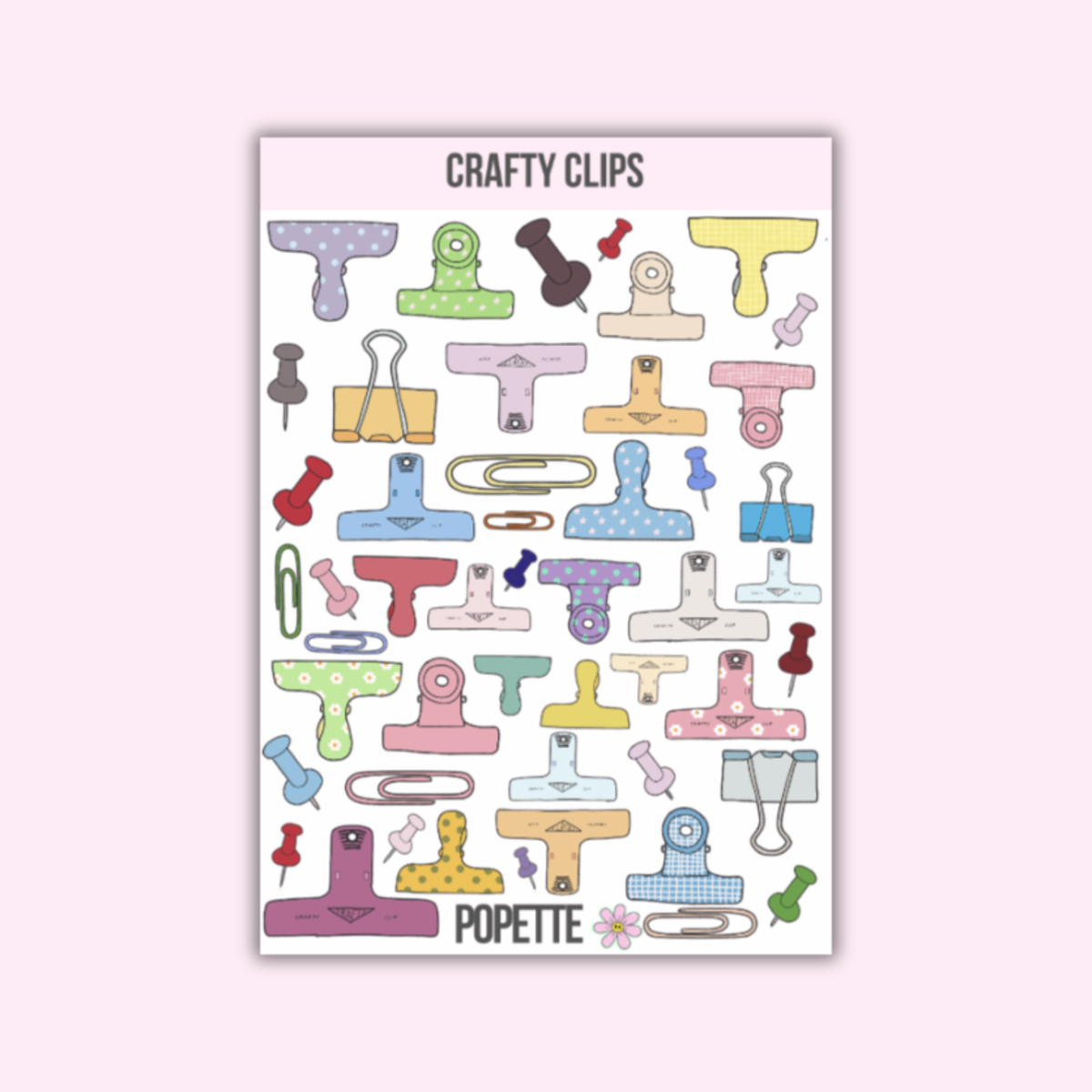 Crafty Clips A5 sticker sheet with colorful craft tool and shirt shapes, POPETTE text