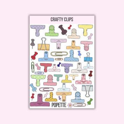 Crafty Clips A5 sticker sheet with colorful craft tool and shirt shapes, POPETTE text