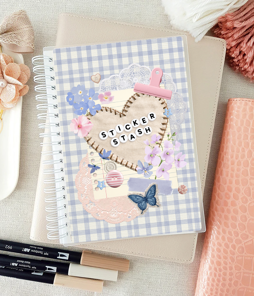 Reusable sticker storage notebook with spiral binding, blue gingham floral front cover