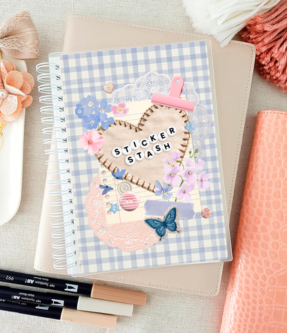 Reusable sticker storage notebook with spiral binding, blue gingham floral front cover