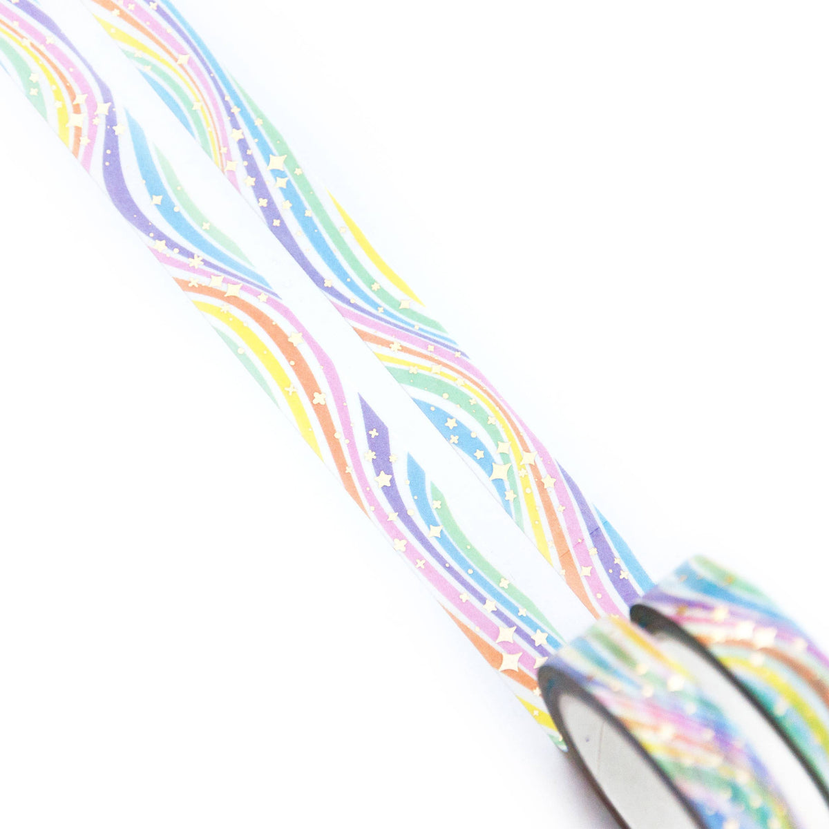 Washi tape strip with pastel rainbow stripes and star confetti pattern