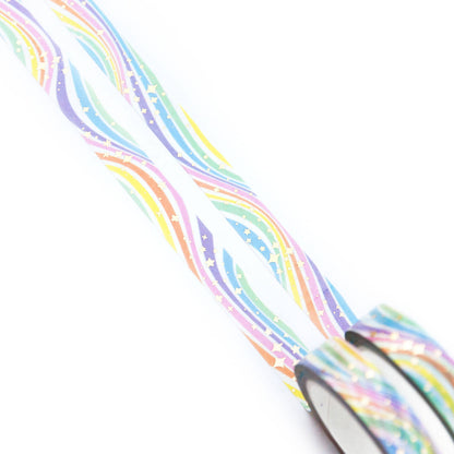 Washi tape strip with pastel rainbow stripes and star confetti pattern