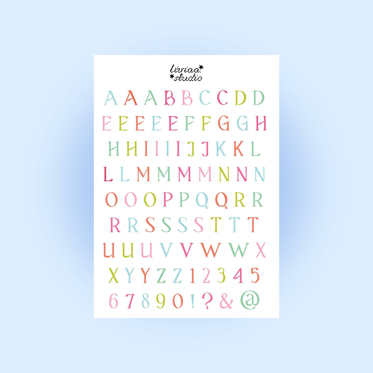 Multicolor letter sticker sheet with uppercase and symbols on white backing