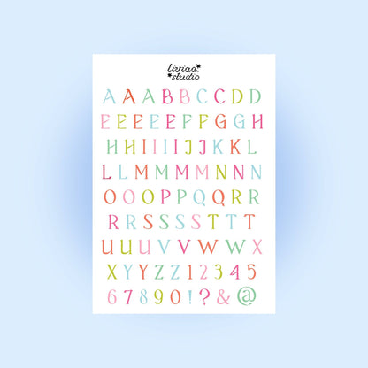 Multicolor letter sticker sheet with uppercase and symbols on white backing