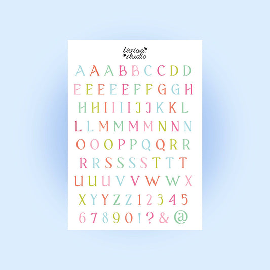 Multicolor letter sticker sheet with uppercase and symbols on white backing