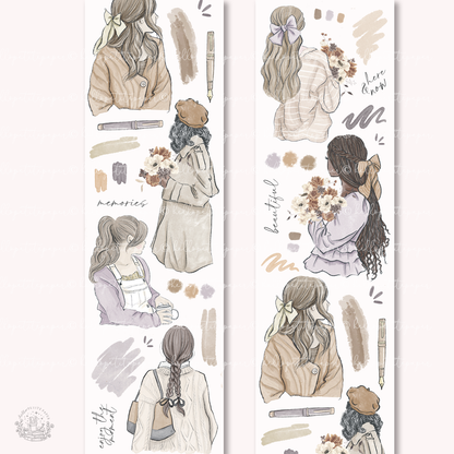 Girls illustration PET tape set with warm-toned character designs on multiple strips