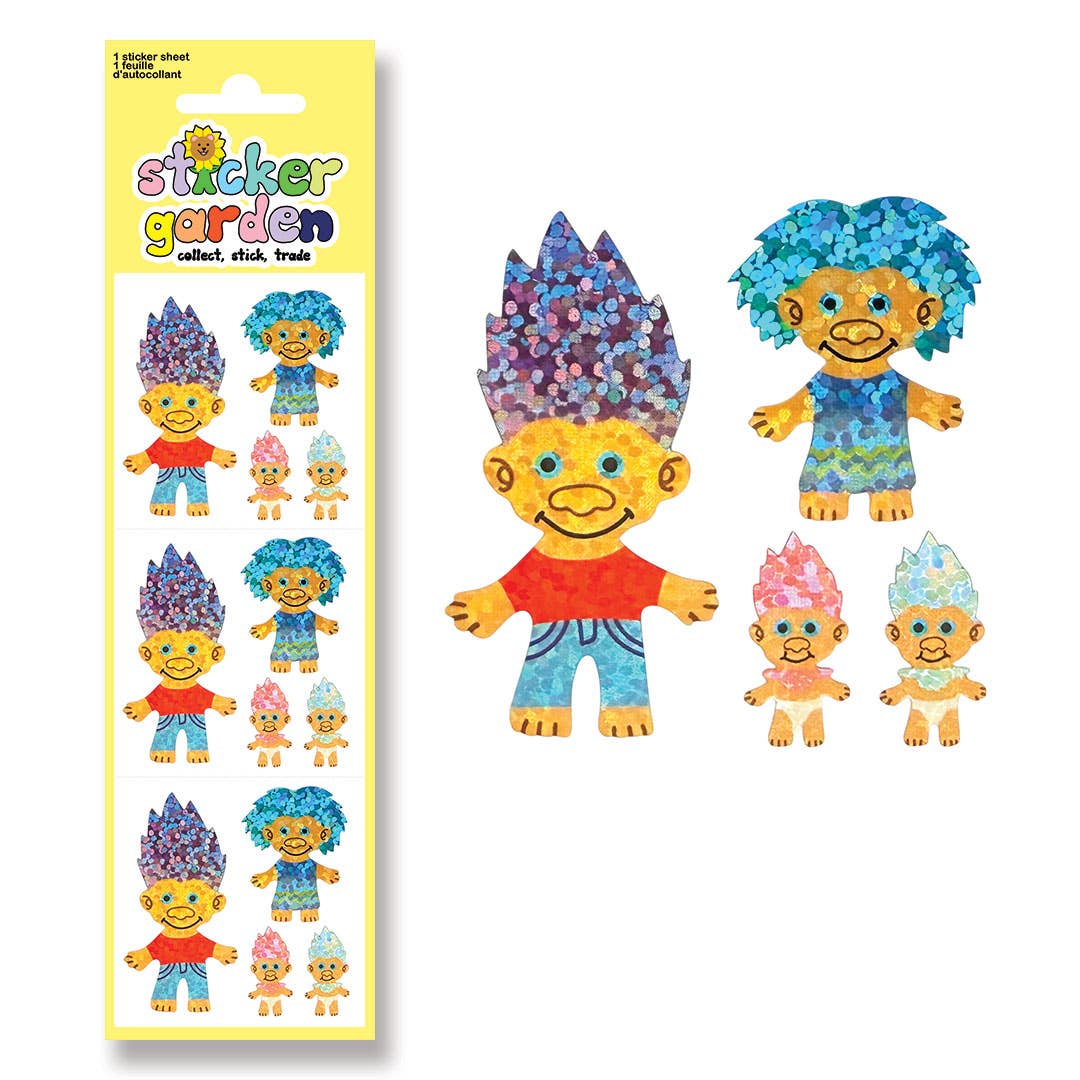 Sparkle troll sticker sheet with six glitter characters on paper backing
