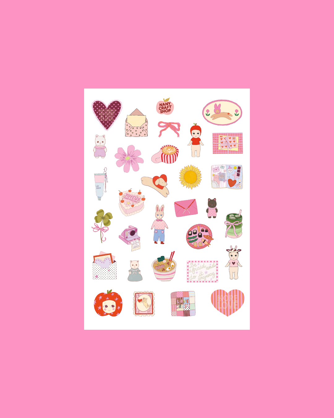 A5 sticker sheet with cute hearts, rabbits, bows, and note icons on white