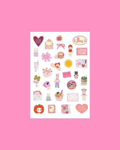 A5 sticker sheet with cute hearts, rabbits, bows, and note icons on white