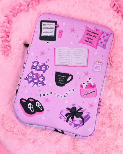 Lavender zipper book sleeve with open book pocket and starry character print