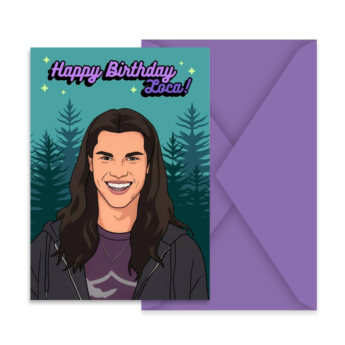 Teal birthday greeting card with smiling vampire, pine trees, with purple envelope behind