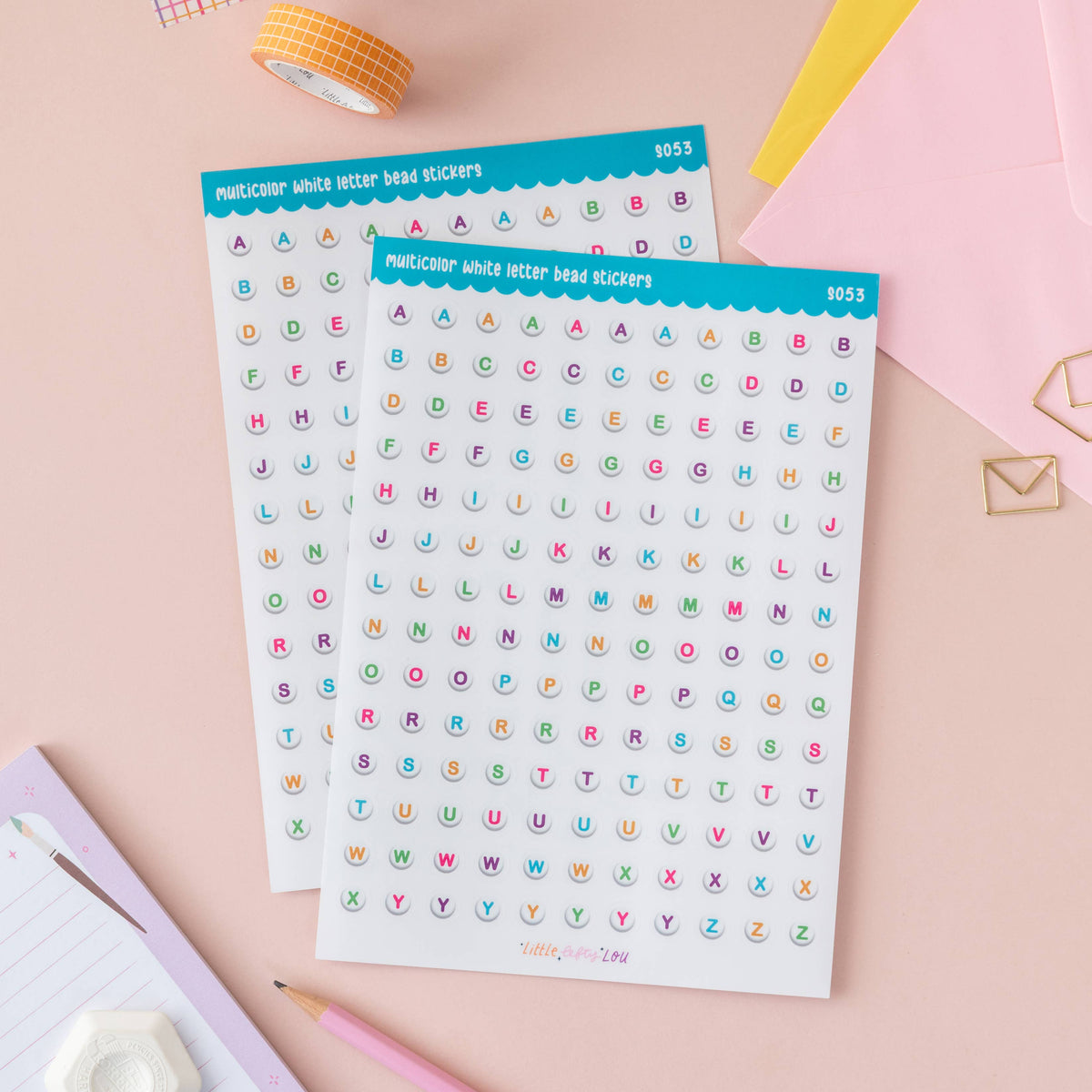Multicolor letter bead alphabet sticker sheet with many bead-style letter stickers