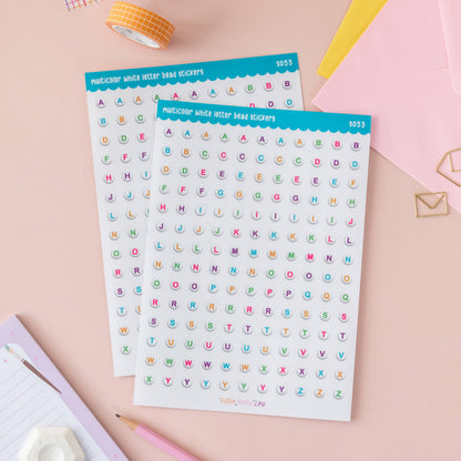 Multicolor letter bead alphabet sticker sheet with many bead-style letter stickers