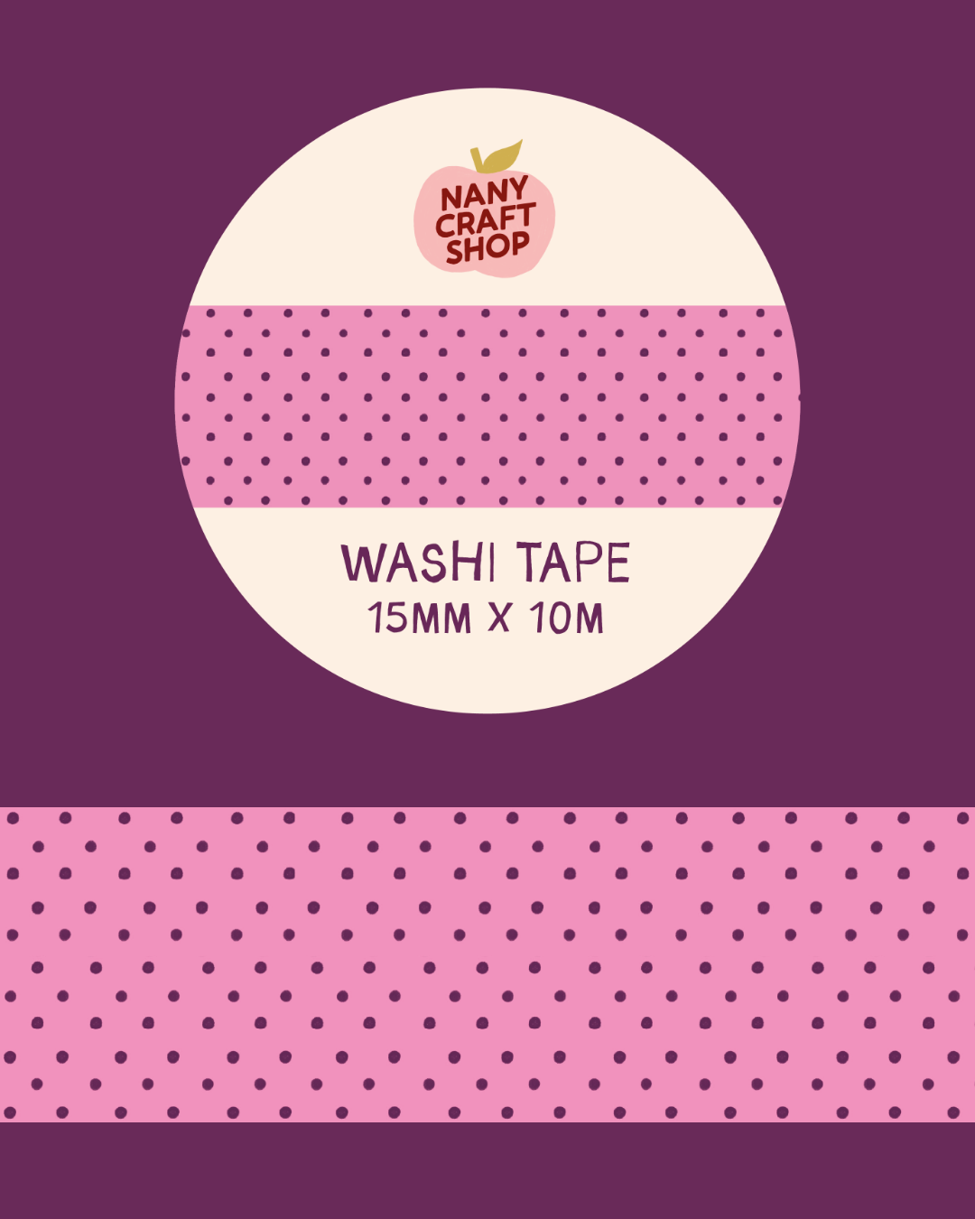 Pink polka dot washi tape roll, 15mm x 10m, black dot pattern