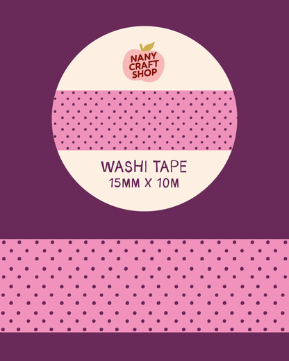 Pink polka dot washi tape roll, 15mm x 10m, black dot pattern
