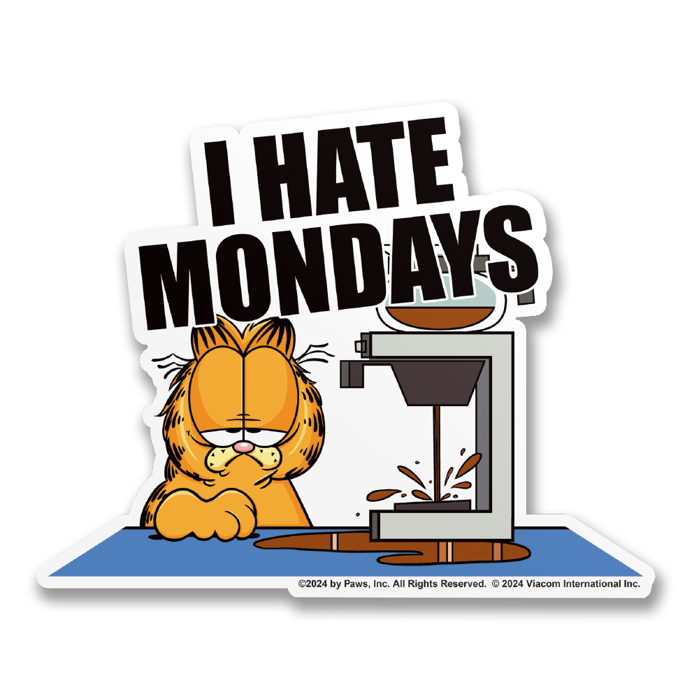 Vinyl sticker: 'I HATE MONDAYS' text, orange cat with coffee and printer icon