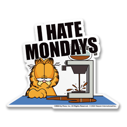 Vinyl sticker: 'I HATE MONDAYS' text, orange cat with coffee and printer icon
