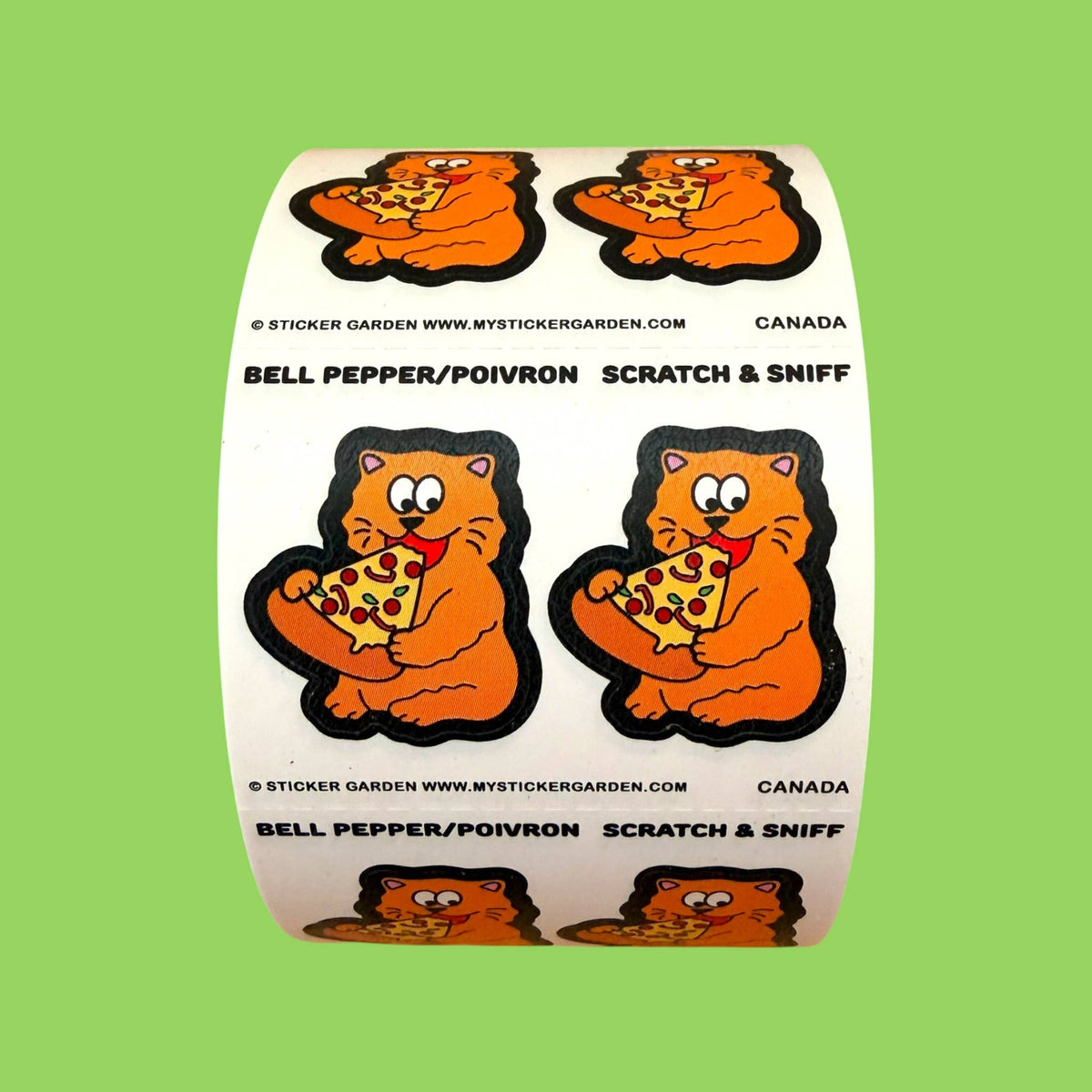 Scratch-and-sniff cat sticker roll with bell pepper scent, printed orange cats and peppers