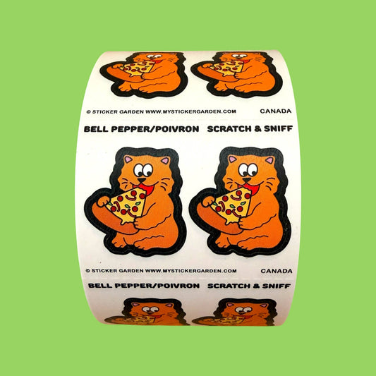 Scratch-and-sniff cat sticker roll with bell pepper scent, printed orange cats and peppers