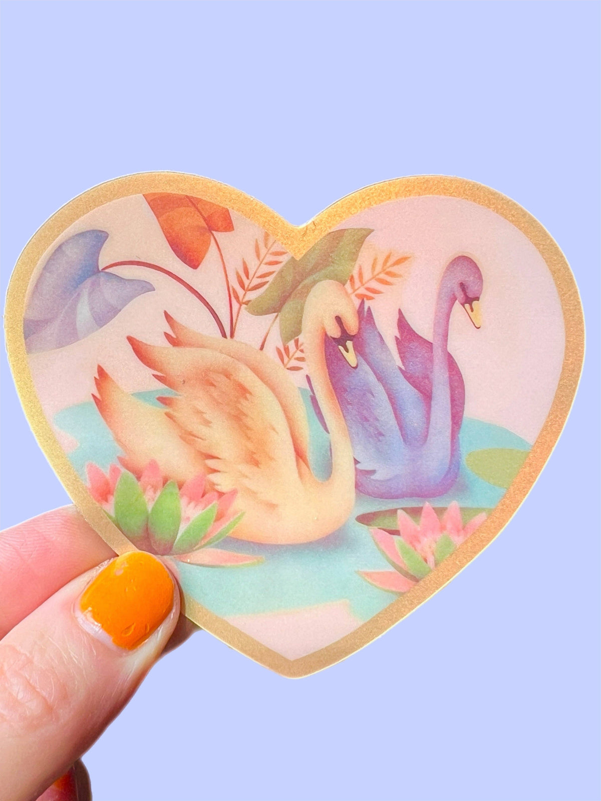 Heart-shaped Swan Friends sticker, 3 inch, with purple swans and orange foliage details