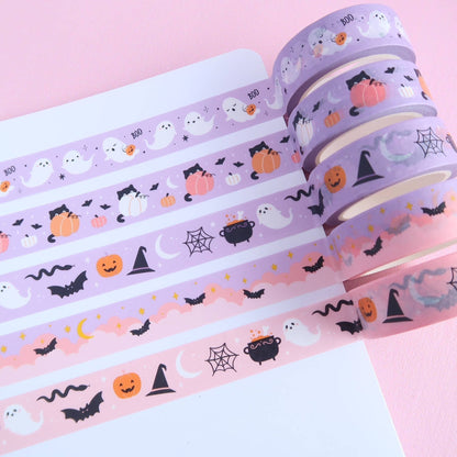 Close-up washi tape with sneaky cats, pumpkins, bats, ghosts, and moons