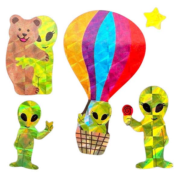 Colorful alien stickers set: hot-air balloon alien, standing alien, and star