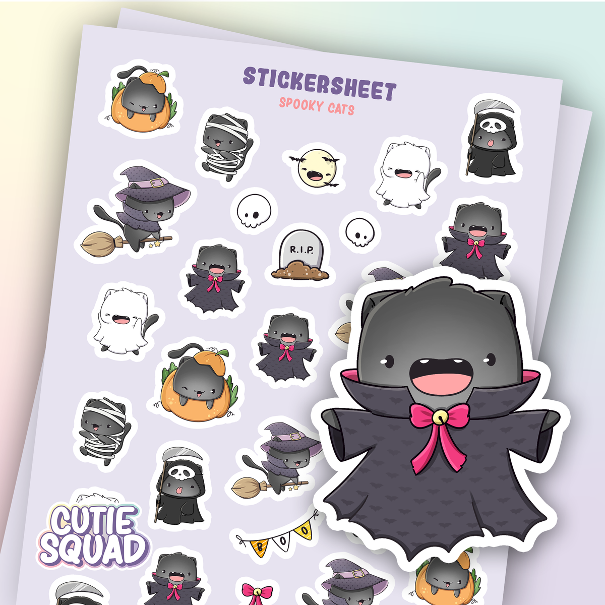 Spooky cats sticker sheet with cute black, gray, and orange cat characters in costumes