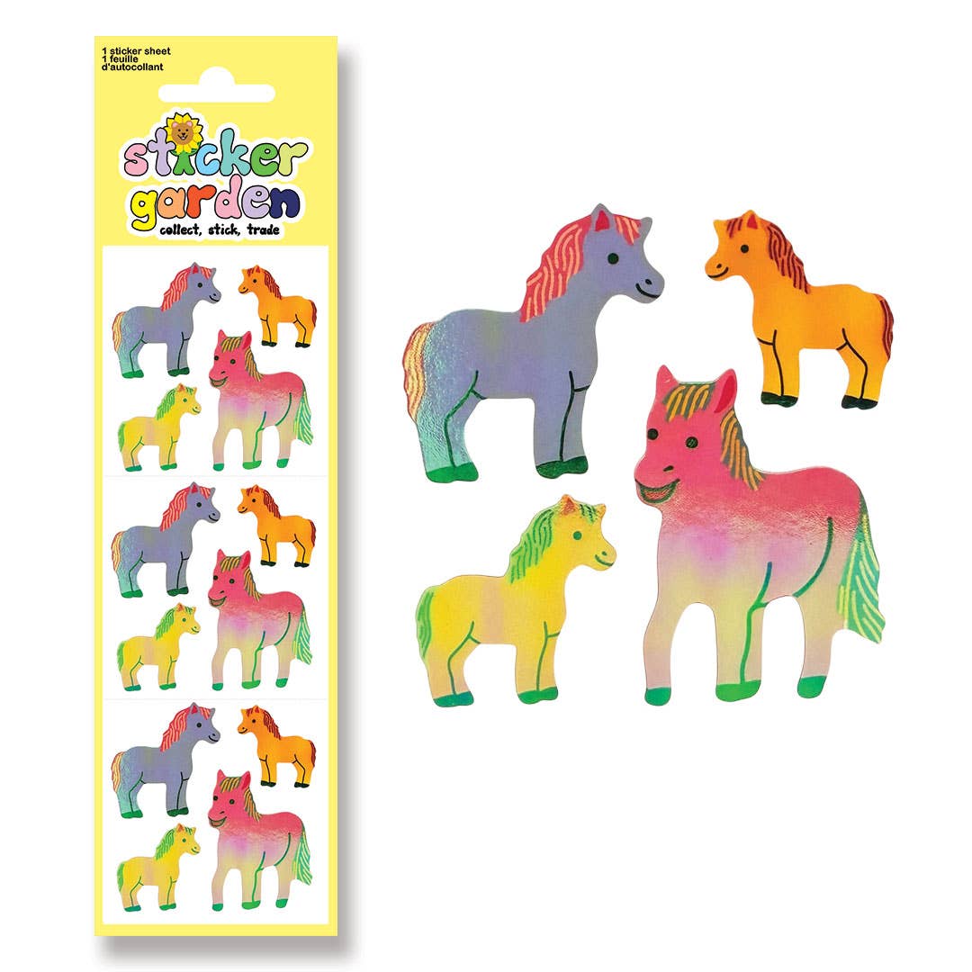 Sticker sheet with colorful cartoon ponies, shown on a retail package