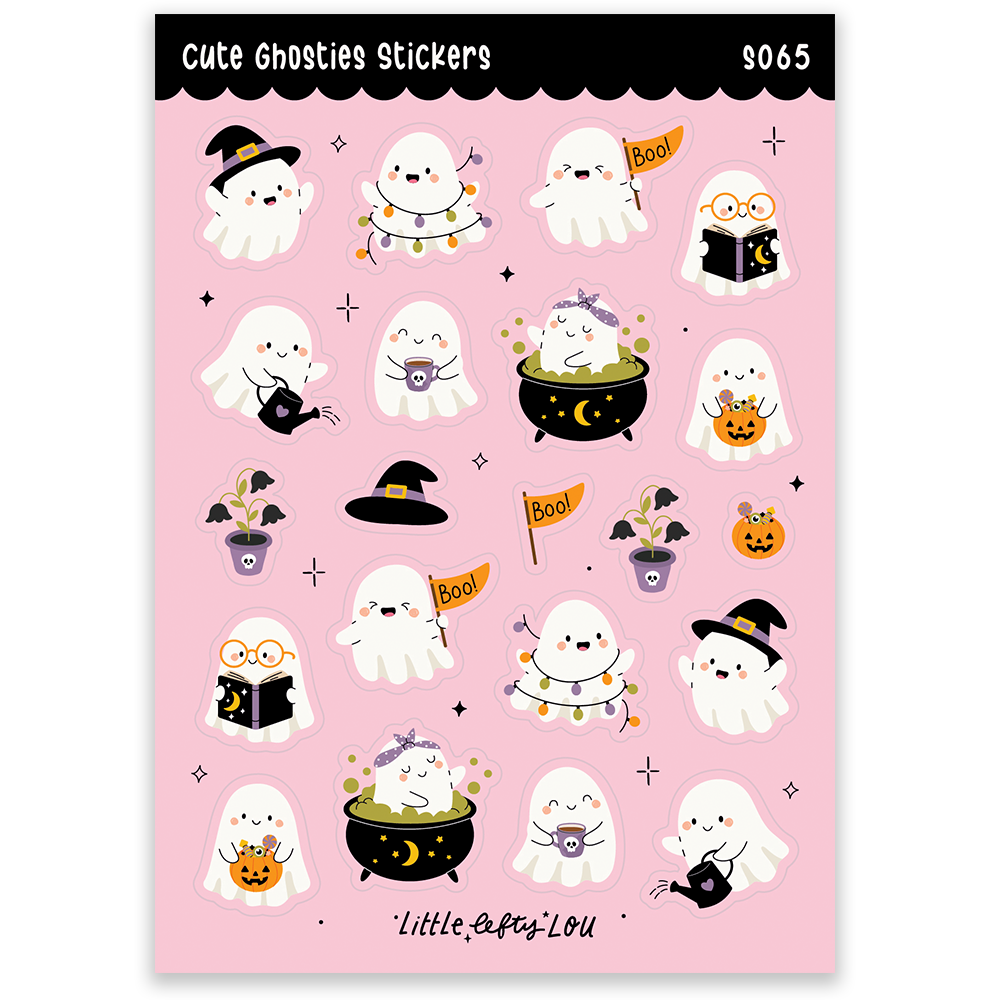 Pink sticker sheet with cute ghosties in Halloween outfits and icons