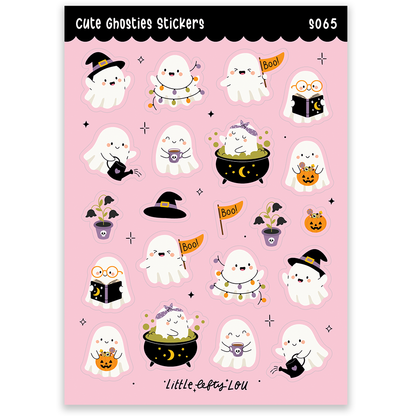 Pink sticker sheet with cute ghosties in Halloween outfits and icons