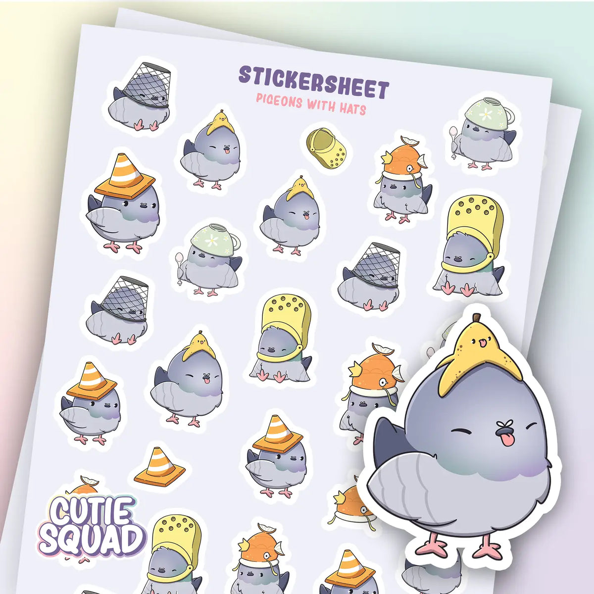 Pigeons with hats sticker sheet with cute cartoon bird stickers and large character