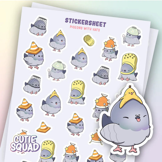 Pigeons with hats sticker sheet with cute cartoon bird stickers and large character