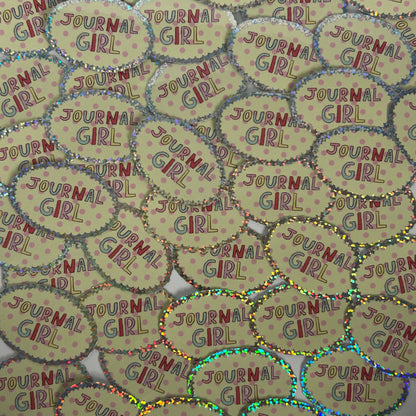 Sheet of oval “JOURNAL GIRL” stickers with speckled, glittery edges.