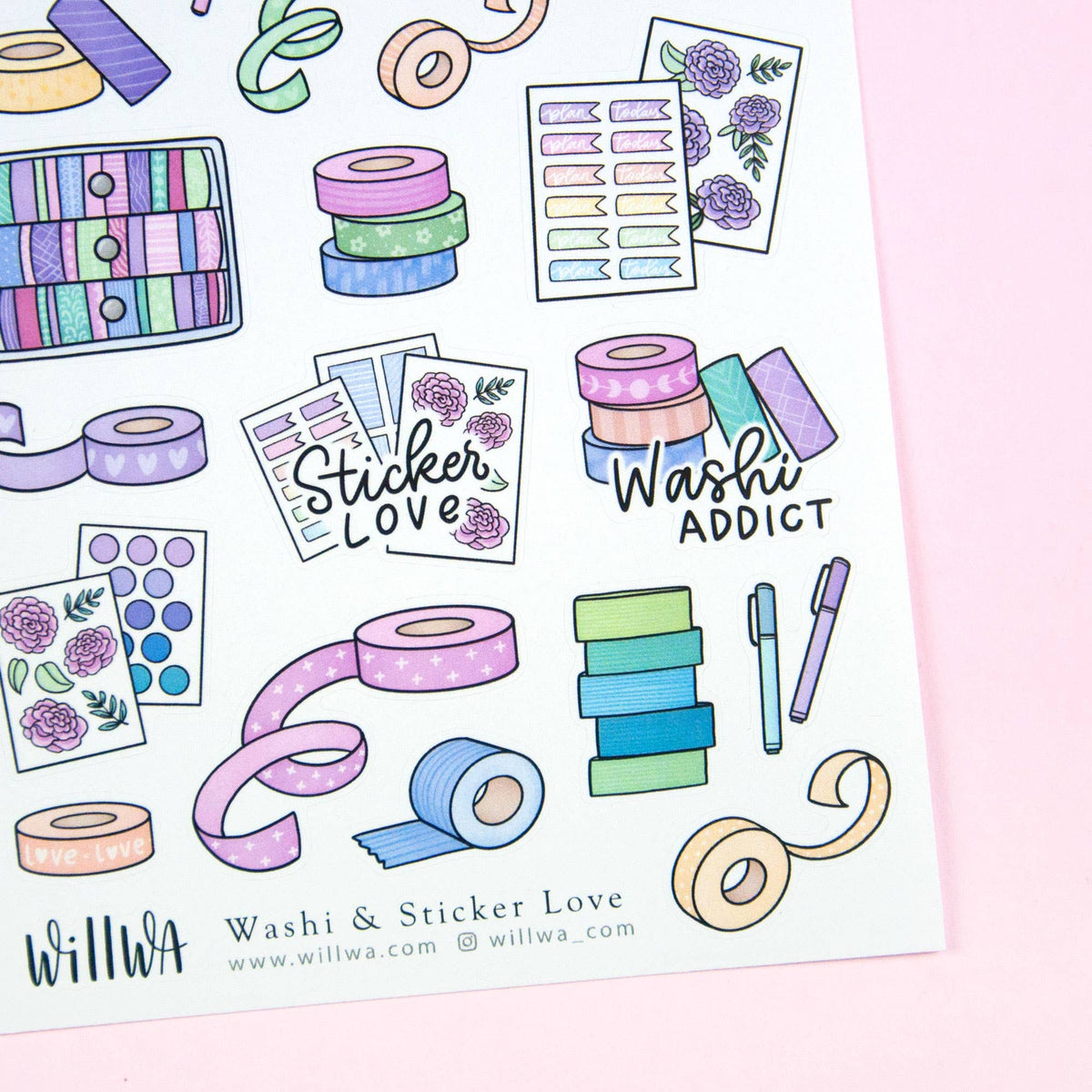 Washi sticker sheet with 'Sticker Love', tape rolls, pens, and flower card frames