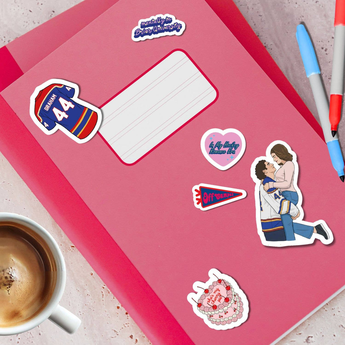 Hockey romance sticker cutouts on pink backing with blank label window