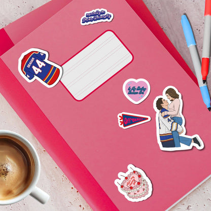 Hockey romance sticker cutouts on pink backing with blank label window