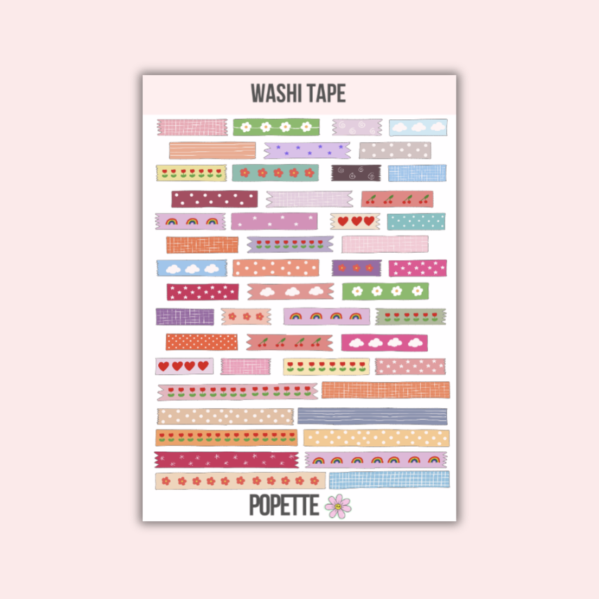 Colorful washi tape sticker sheet with patterned tape strips in multiple designs