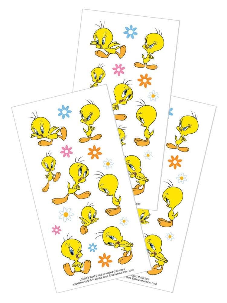 Sheets of 2-inch Tweety character stickers with multiple yellow bird poses on white backing