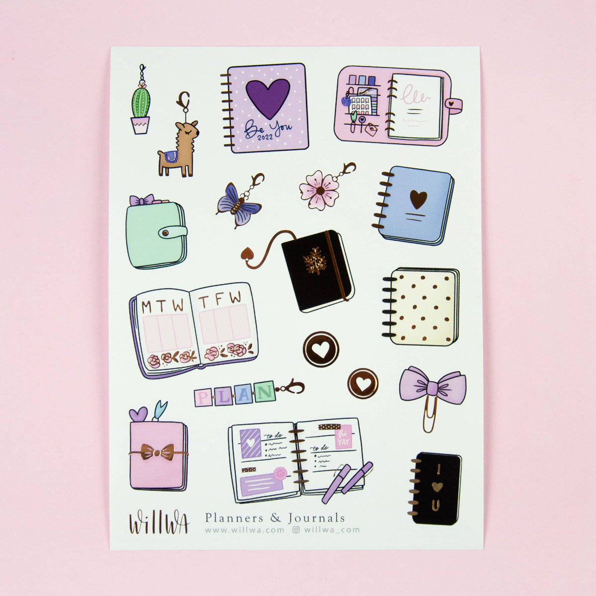 Planner sticker sheet showing assorted mini notebook stickers and decorative hearts