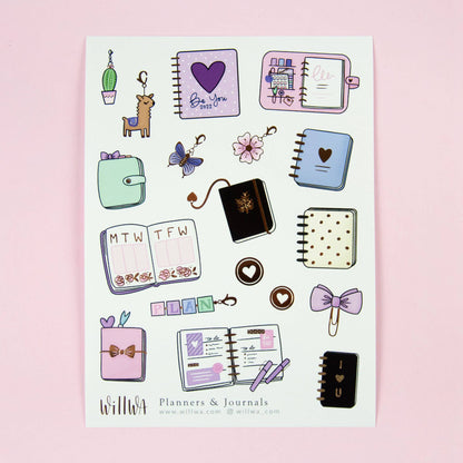 Planner sticker sheet showing assorted mini notebook stickers and decorative hearts