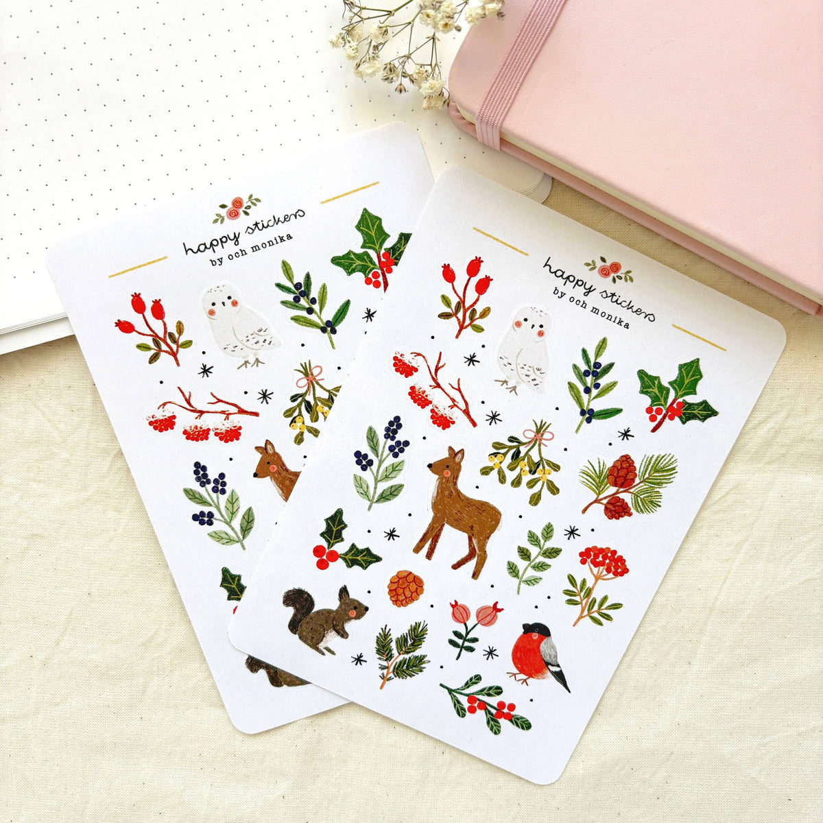 Winter nature sticker sheet set with birds, deer, holly, and pine berry stickers