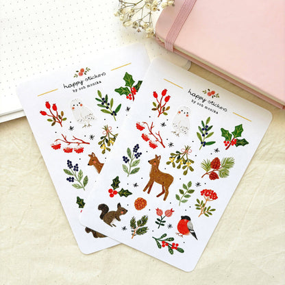 Winter nature sticker sheet set with birds, deer, holly, and pine berry stickers